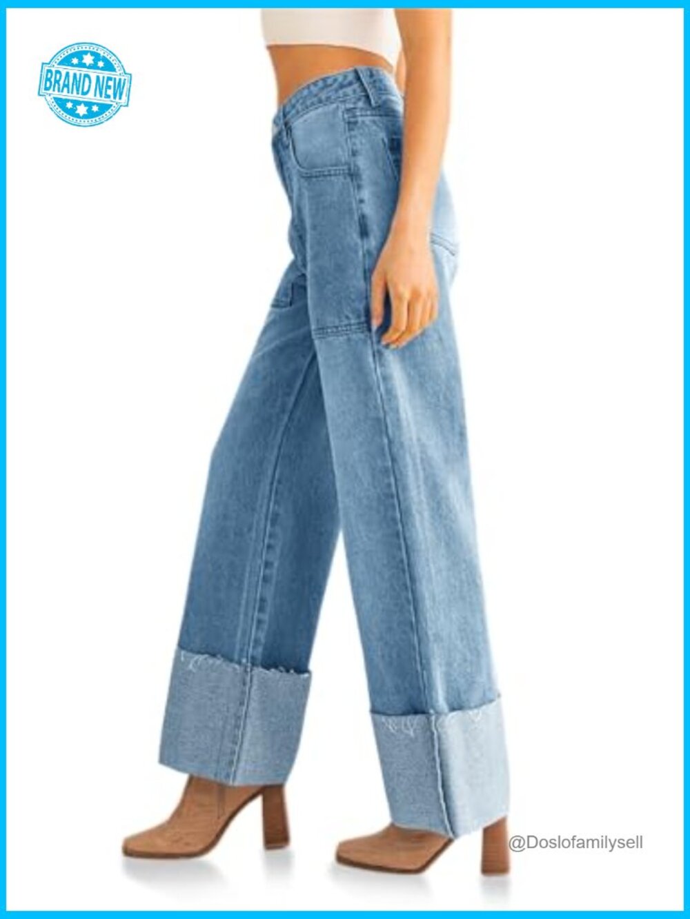 Baggy Cuffed Boyfriend Jeans Casual Straight Leg Denim Pants with Pockets - Picture 2 of 7